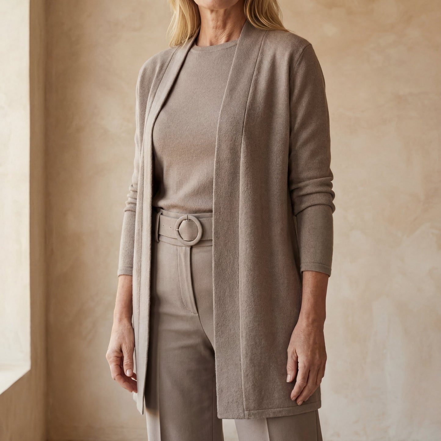 Conjunto De Tres Piezas Con Cardigan Largo Abierto Y Pantalón De Corte Recto Para Mujer | Ideal Para Uso Diario Y Profesional