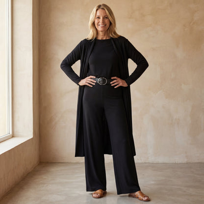 Conjunto De Tres Piezas Con Cardigan Largo Abierto Y Pantalón De Corte Recto Para Mujer | Ideal Para Uso Diario Y Profesional