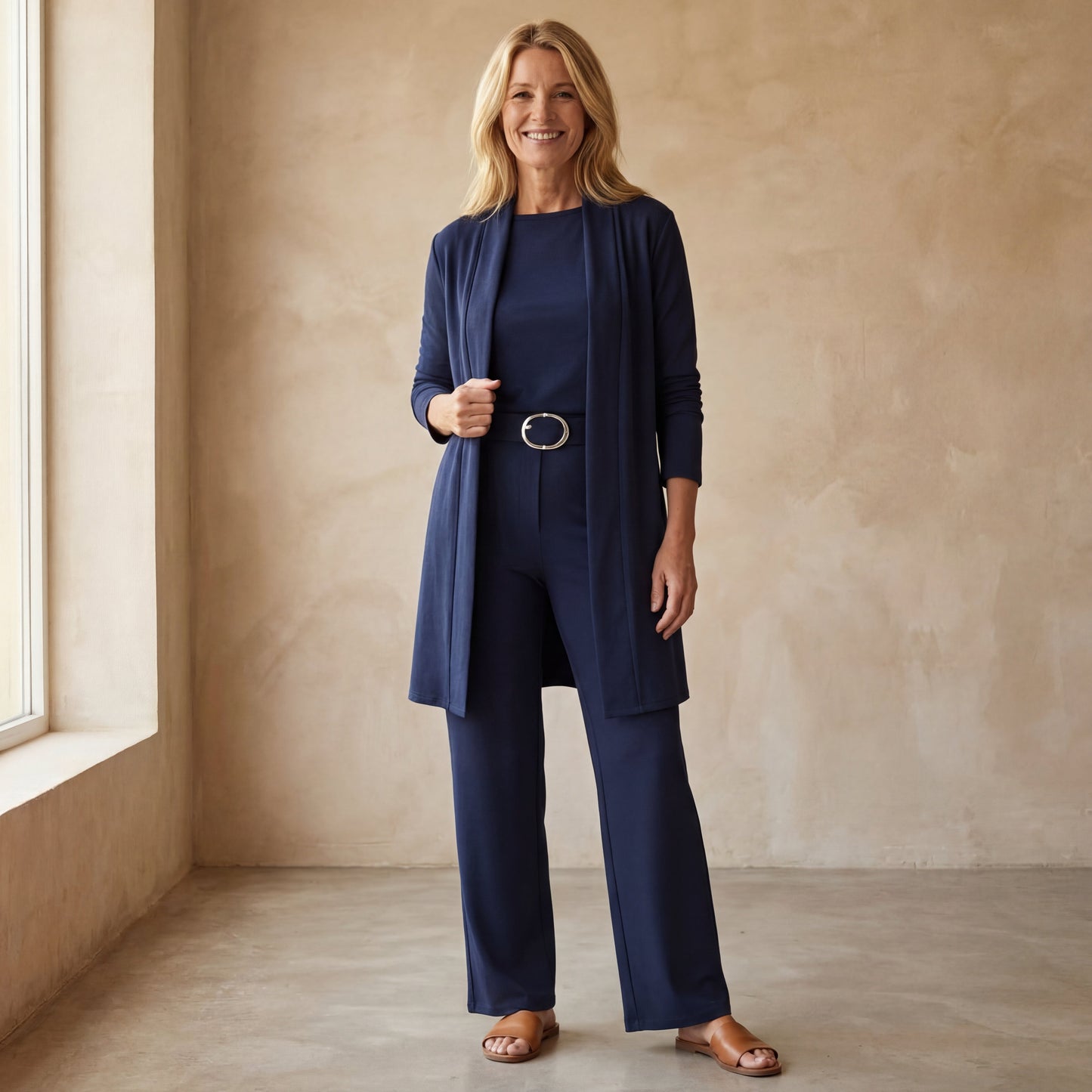 Conjunto De Tres Piezas Con Cardigan Largo Abierto Y Pantalón De Corte Recto Para Mujer | Ideal Para Uso Diario Y Profesional