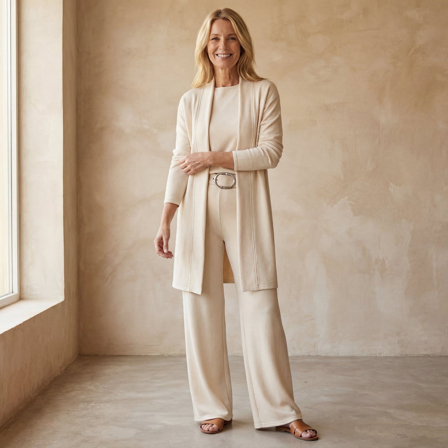 Conjunto De Tres Piezas Con Cardigan Largo Abierto Y Pantalón De Corte Recto Para Mujer | Ideal Para Uso Diario Y Profesional
