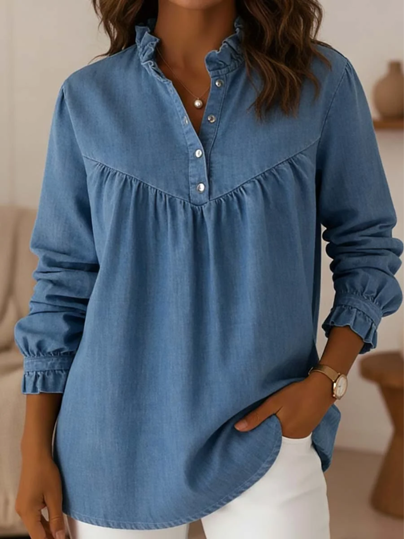 Blusa Con Cuello De Volantes Y Panel Plisado Para Mujer | Ideal Para Uso Diario Y Salidas Informales