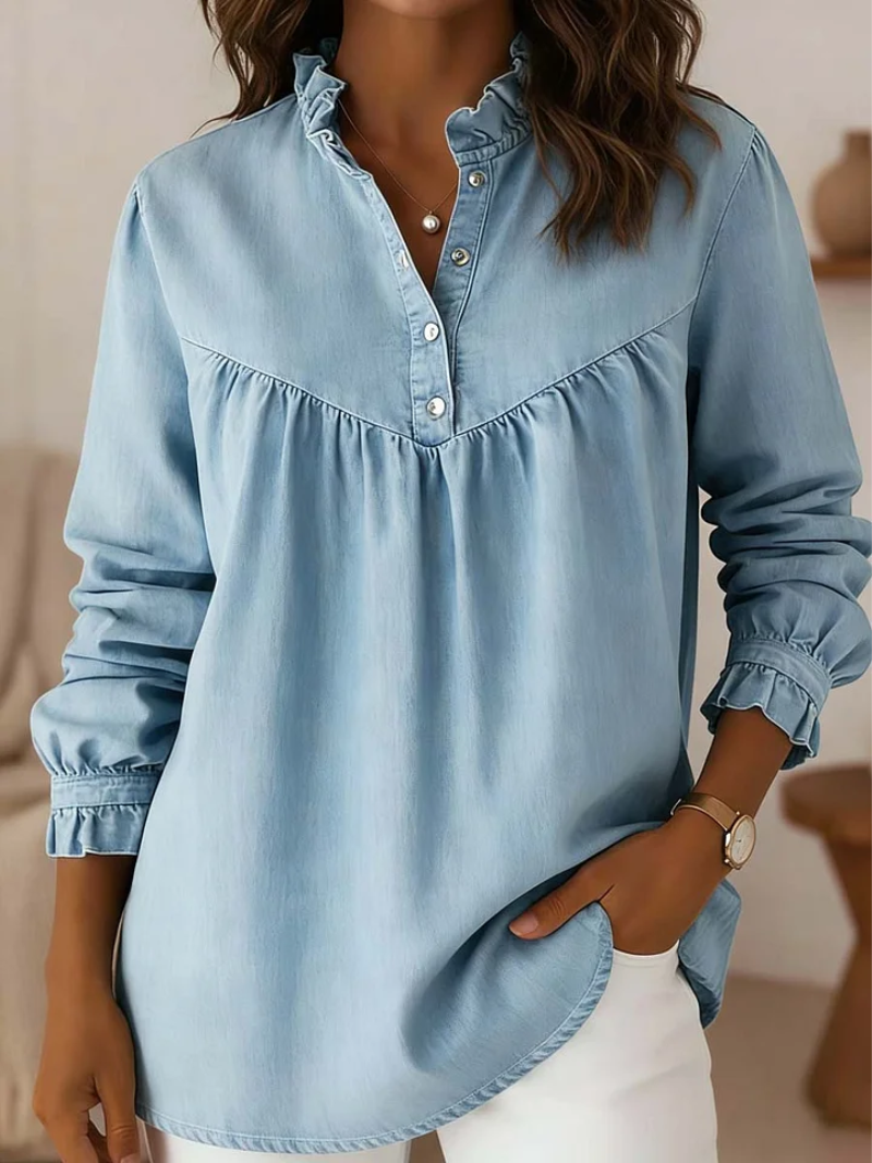 Blusa Con Cuello De Volantes Y Panel Plisado Para Mujer | Ideal Para Uso Diario Y Salidas Informales