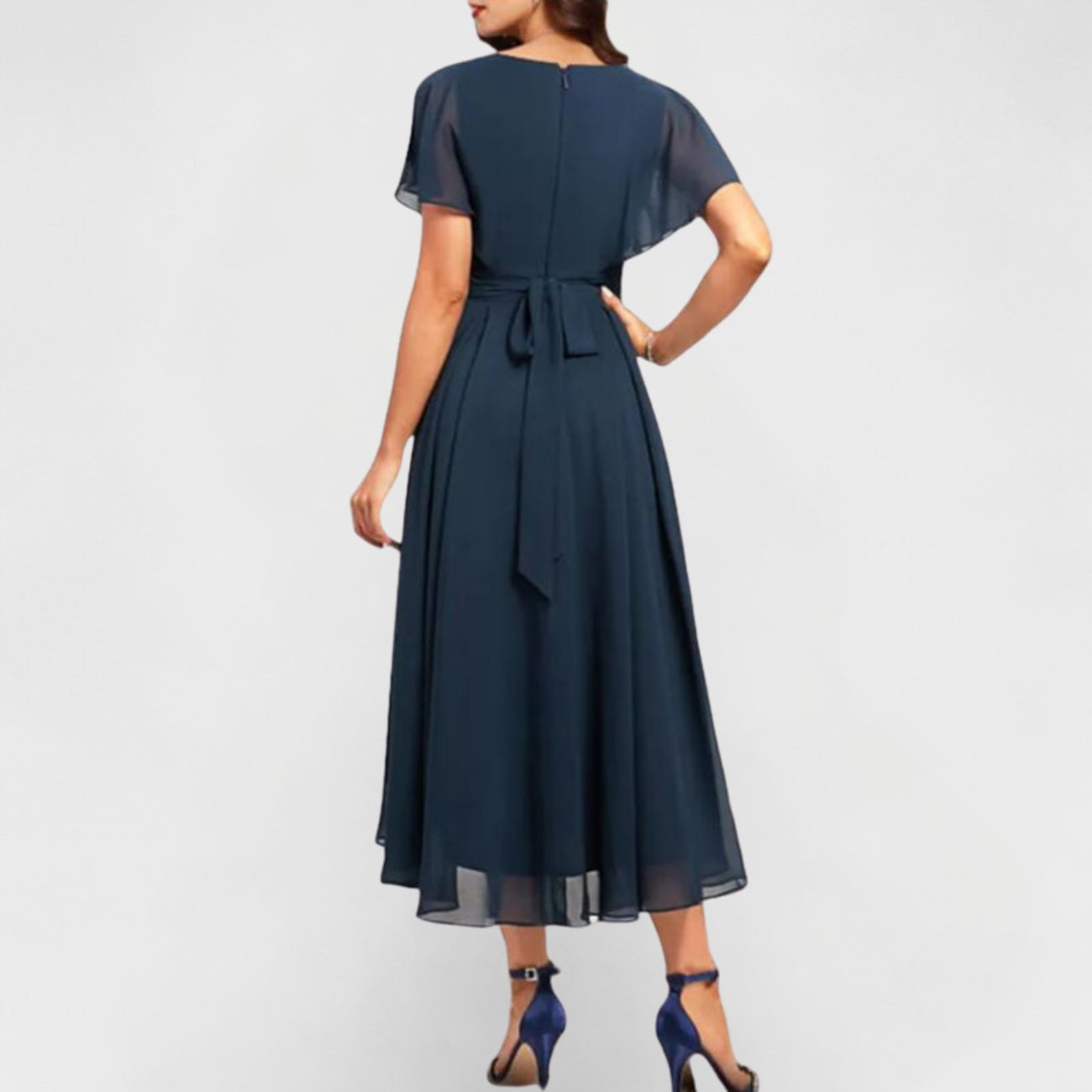 Vestido Con Cuello En V, Mangas Amplias Y Dobladillo Superpuesto Para Mujer | Ideal Para Uso Diario