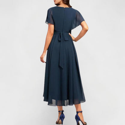Vestido Con Cuello En V, Mangas Amplias Y Dobladillo Superpuesto Para Mujer | Ideal Para Uso Diario