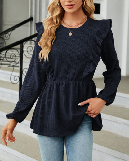 Blusa de Mujer con Cuello Redondo Volanteado y Mangas Largas | Ideal para Uso Diario y Profesional
