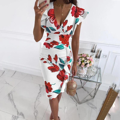 Vestido Midi Ajustado Con Estampado Floral Y Cuello En V Para Mujer | Ideal Para Eventos Y Ocasiones Sociales