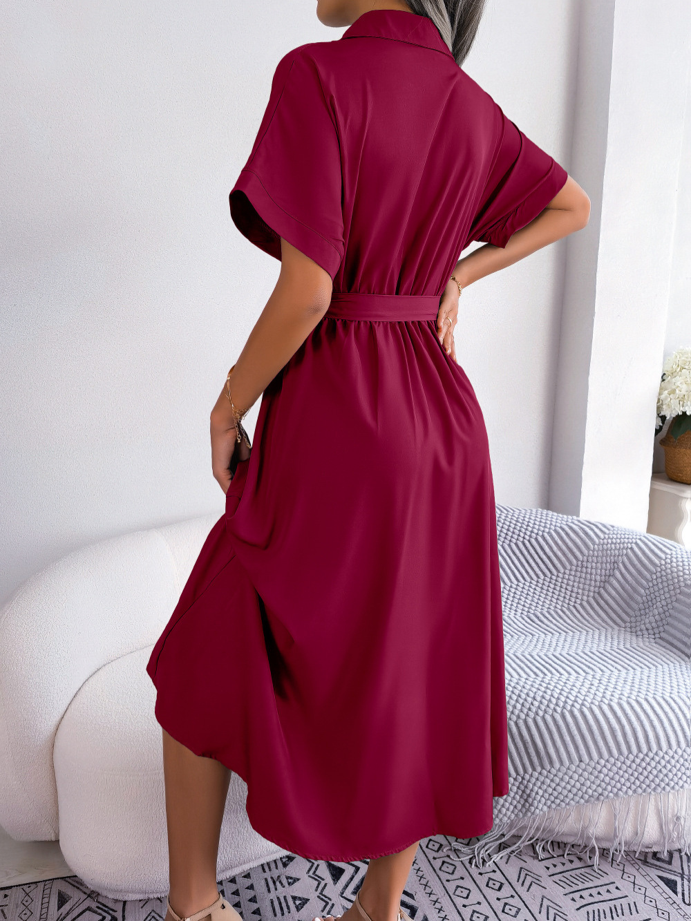 Vestido Camisero Midi con Cuello Clásico y Cinturón para Mujer | Ideal para Uso Diario