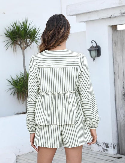 Conjunto Con Top De Manga Larga con Volumen y Short De Talle Alto para Mujer | Ideal para Temporada Cálida