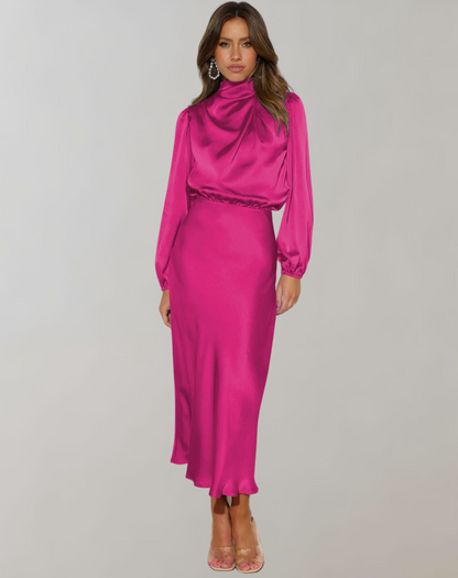 Vestido de Manga Larga con Corte Adaptado y Cuello Clásico para Mujer | Ideal para Ocasiones Formales y Semi-Formales