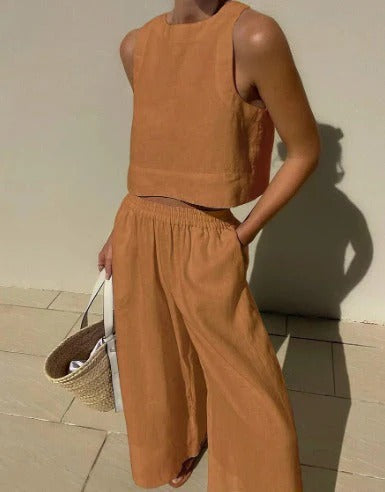 Conjunto Dos Piezas con Top Sin Mangas y Pantalón Amplio para Mujer | Ideal para Días de Verano