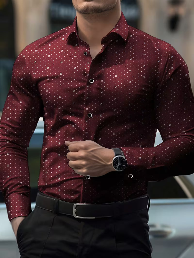 Camisa de Manga Larga con Motivo Microimpreso y Cuello Clásico para Hombre | Ideal para Uso Diario y Contextos Formales