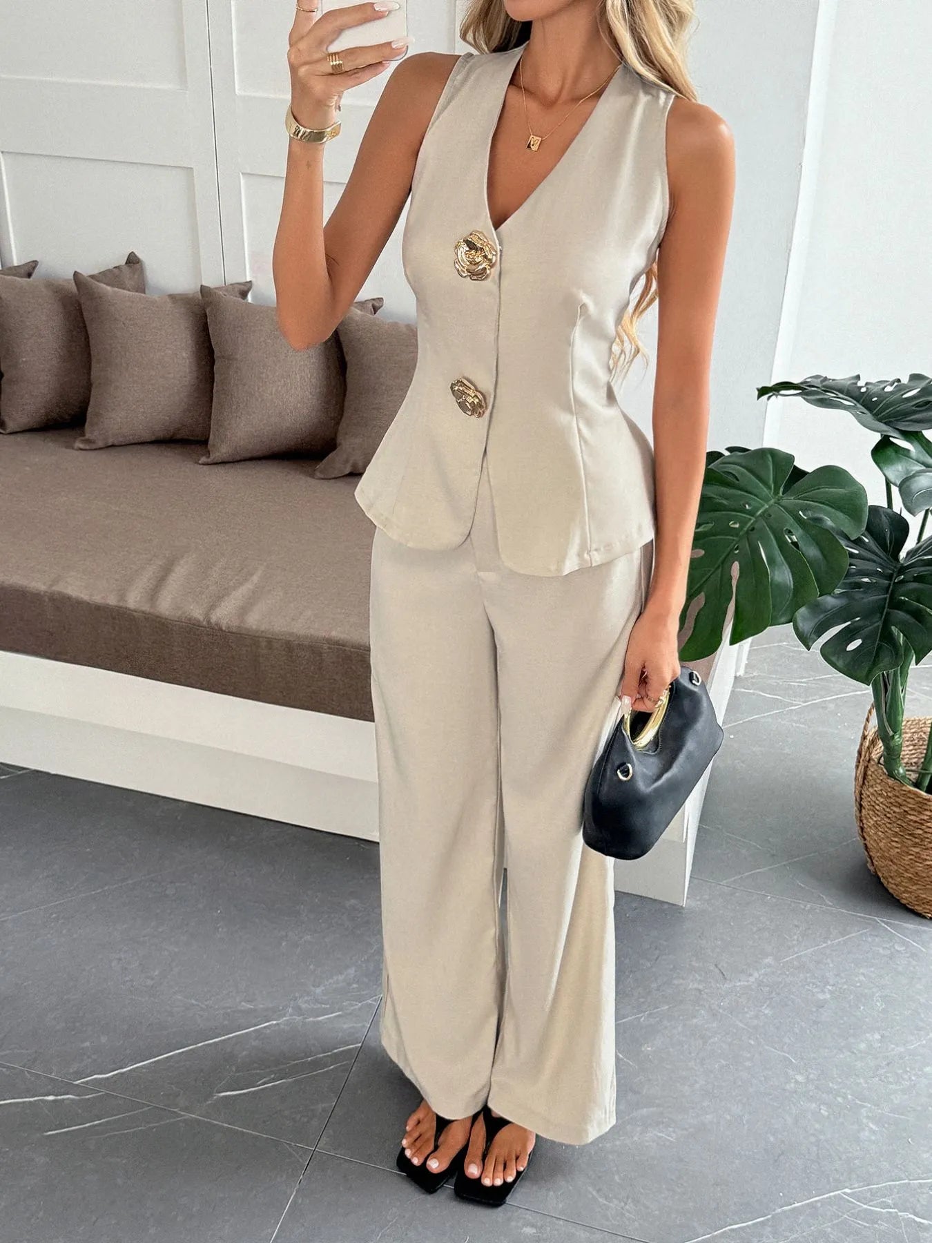 Conjunto De Dos Piezas Con Chaleco De Cuello En V Y Pantalón Para Mujer | Ideal Para Uso Profesional