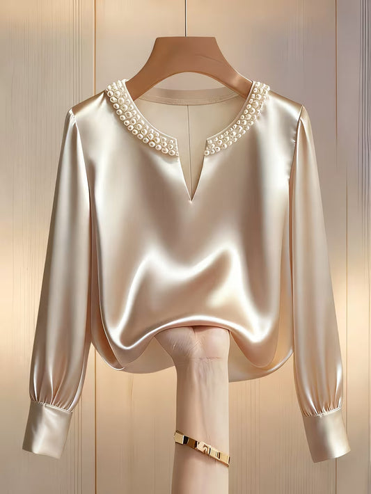 Camisa con Mangas Largas y Detalles de Perlas para Mujeres | Ideal para Trabajo y Ocasiones Especiales