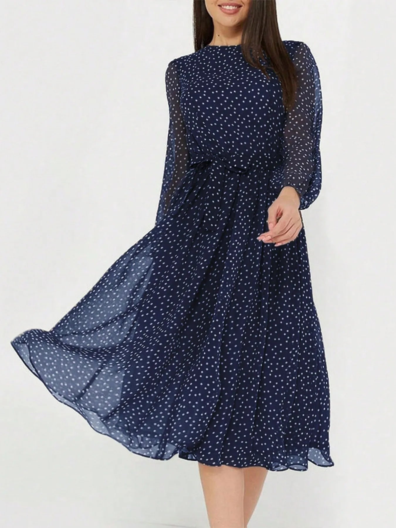 Vestido Midi con Cuello Redondo y Manga Larga Para Mujer | Ideal Para Uso Diario y Eventos Planificados