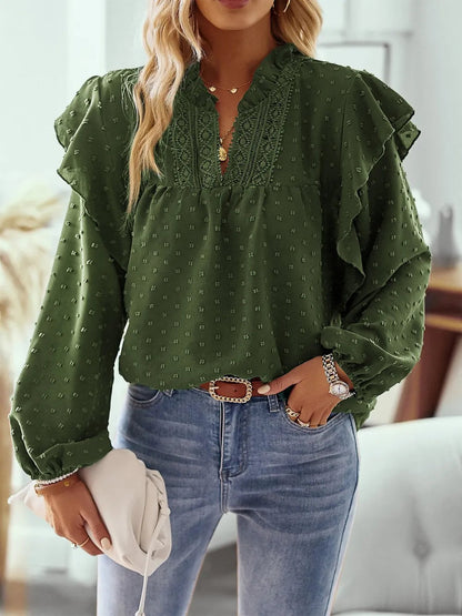 Blusa de Manga Larga con Cuello con Volantes y Textura de Lunares para Mujer | Ideal para Uso Diario
