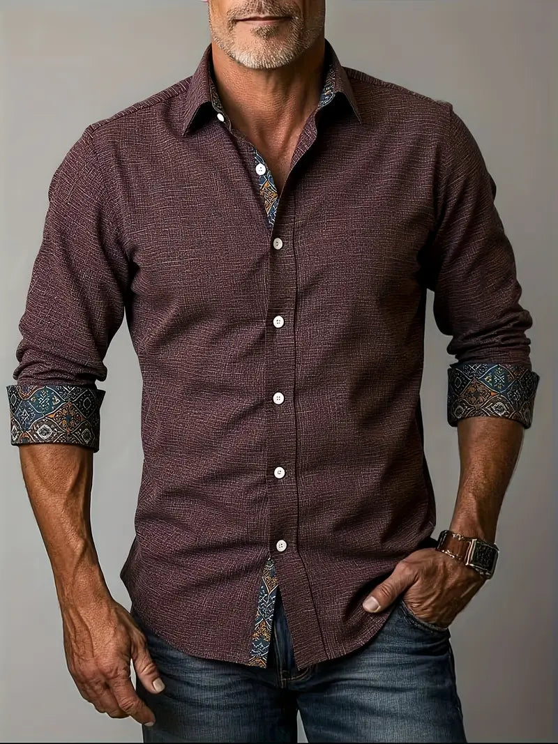 Camisa de Manga Larga con Cierre de Botones y Detalles Contrastantes para Hombre | Ideal para Uso Diario y Contextos Formales