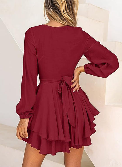Vestido con Escote en V y Mangas Lanterna Para Mujer | Ideal Para Eventos y Salidas Informales