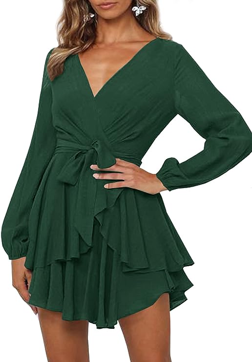 Vestido con Escote en V y Mangas Lanterna Para Mujer | Ideal Para Eventos y Salidas Informales