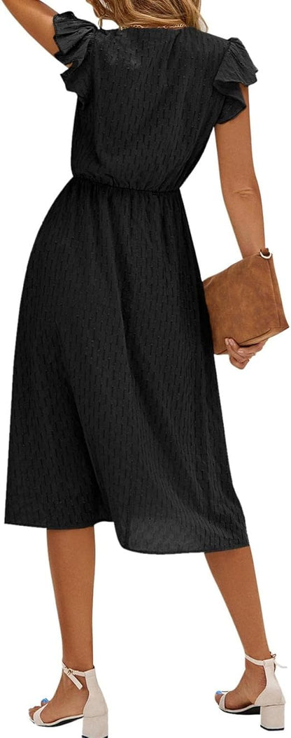 Vestido Midi Con Mangas De Volantes Y Cuello En V Para Mujer | Ideal Para Uso Diario