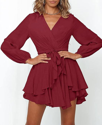 Vestido con Escote en V y Mangas Lanterna Para Mujer | Ideal Para Eventos y Salidas Informales