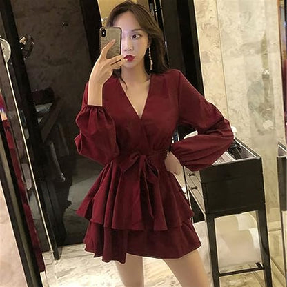 Vestido con Escote en V y Mangas Lanterna Para Mujer | Ideal Para Eventos y Salidas Informales