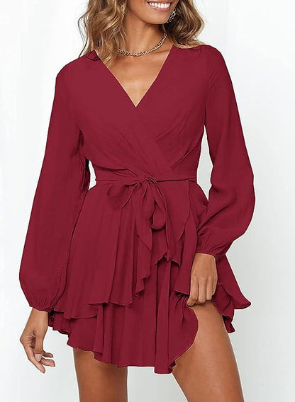Vestido con Escote en V y Mangas Lanterna Para Mujer | Ideal Para Eventos y Salidas Informales