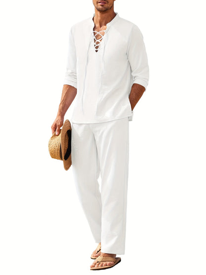 Conjunto De Ropa Dos Piezas Con Top Henley De Manga Larga Y Pantalón Para Hombre | Ideal Para Verano