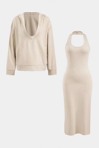 Conjunto Lounge De Dos Piezas Con Sudadera Con Capucha Y Vestido Midi Sin Mangas Para Mujer | Ideal Para Uso Diario