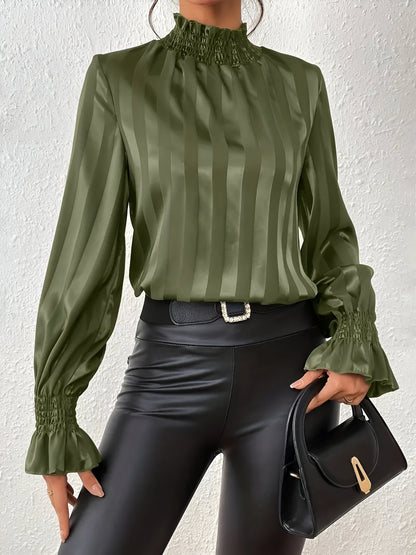 Blusa Plisada Con Mangas Largas Y Motivo A Rayas Para Mujer | Ideal Para Uso Diario O Profesional