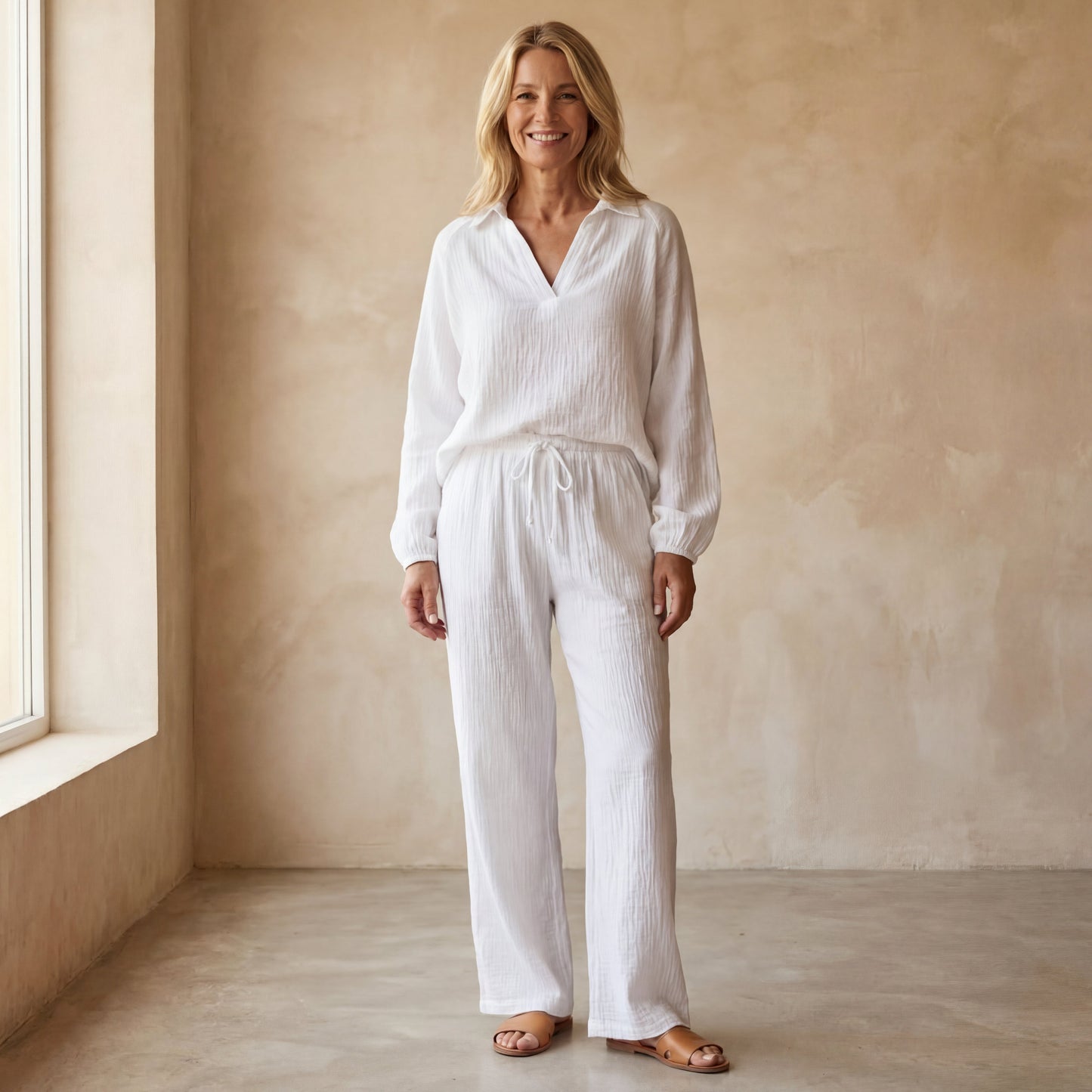 Conjunto De Dos Piezas Con Pantalón De Corte Recto Y Cintura Ajustable Para Mujer | Ideal Para Uso Diario