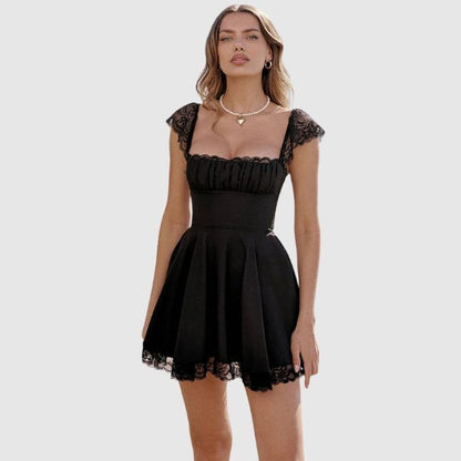 Vestido Mini Con Cuello Cuadrado Y Detalles De Encaje Para Mujer | Ideal Para Eventos Nocturnos