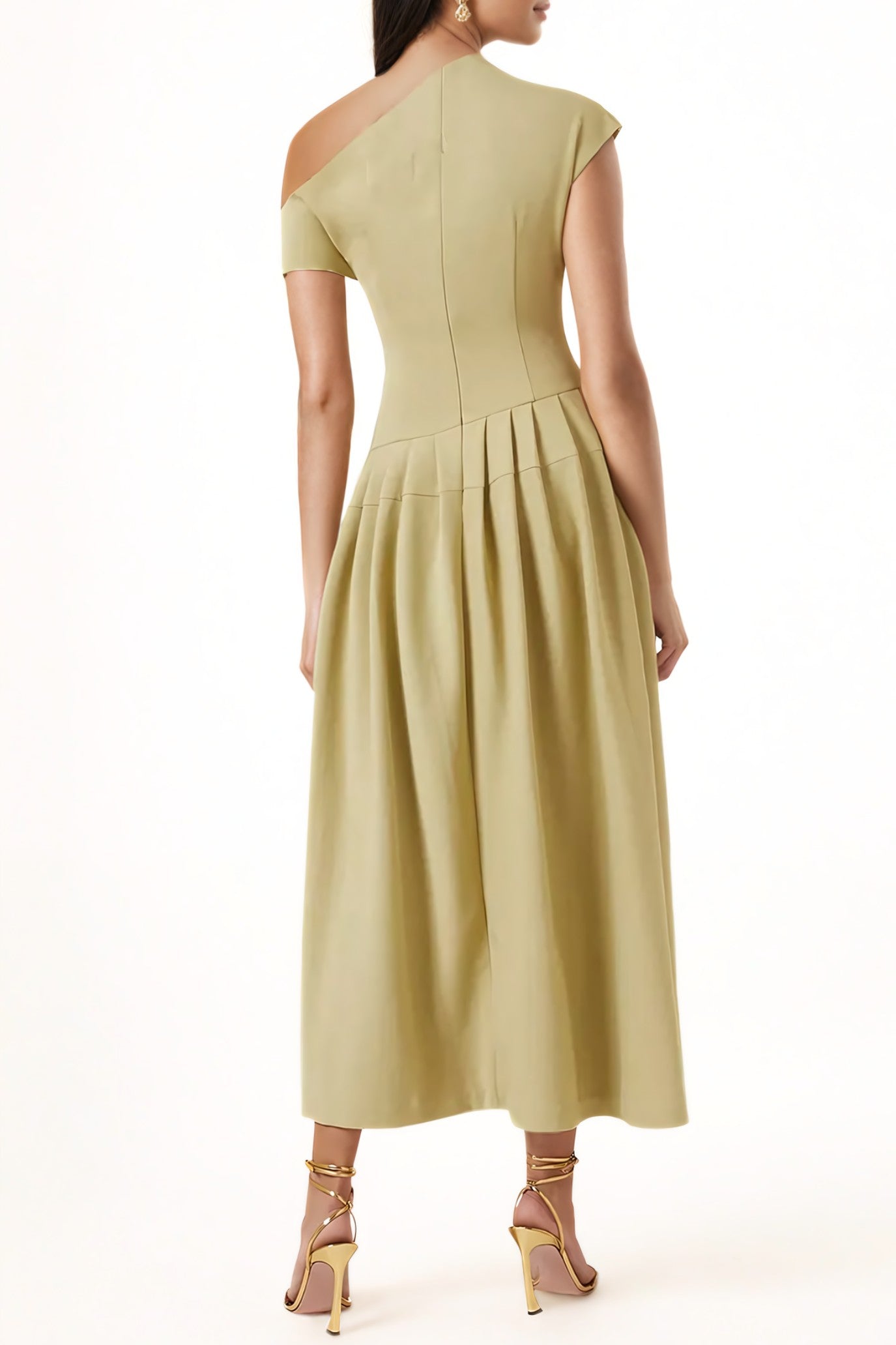 Vestido Midi Con Falda Plisada Y Escote Asimétrico Para Mujer | Ideal Para Eventos Formales
