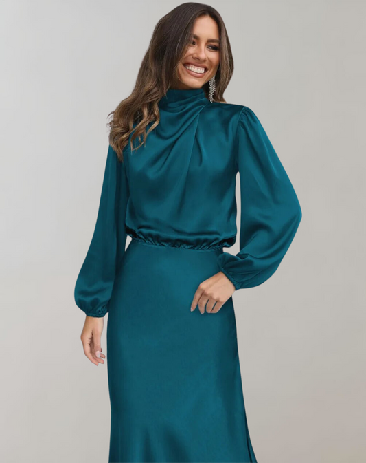 Vestido de Manga Larga con Corte Adaptado y Cuello Clásico para Mujer | Ideal para Ocasiones Formales y Semi-Formales