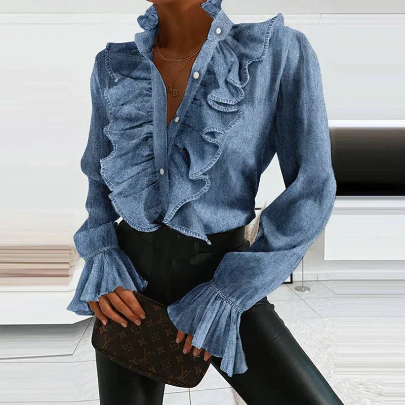 Blusa De Mujer Con Manga Larga Y Detalles De Volantes | Ideal Para Oficina Y Uso Diario