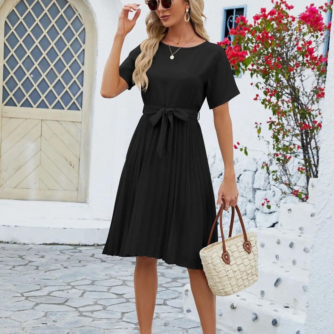 Vestido Midi con Falda Plisada y Cinturón Ajustable para Mujer | Ideal para Entornos Profesionales o Eventos
