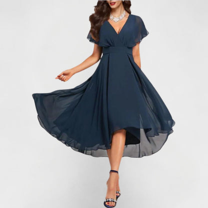 Vestido Con Cuello En V, Mangas Amplias Y Dobladillo Superpuesto Para Mujer | Ideal Para Uso Diario