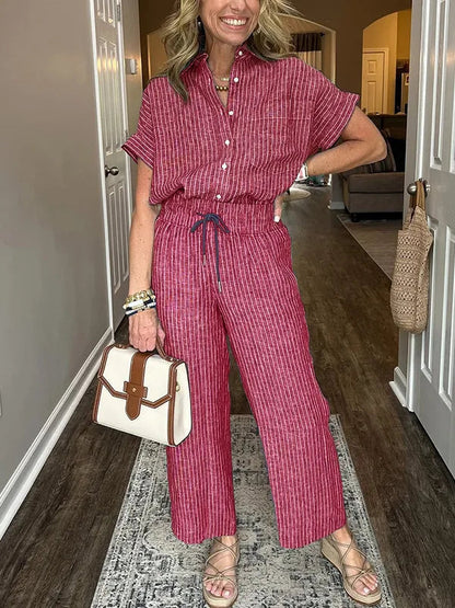 Conjunto De Dos Piezas Con Camisa Abotonada Holgada Y Pantalón Ancho Para Mujer | Ideal Para Uso Diario