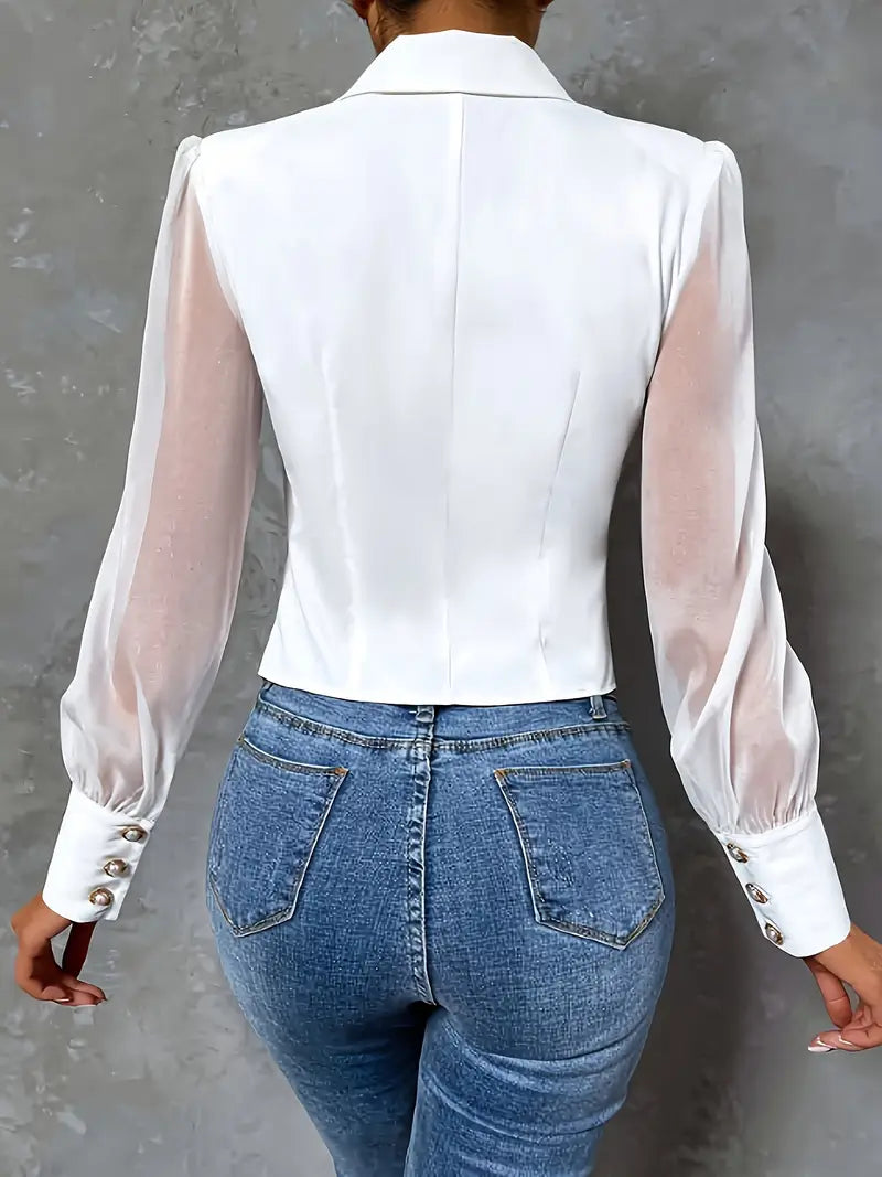 Blusa Con Mangas Semitransparentes Y Puños Con Botones Para Mujer | Ideal Para Trabajo O Eventos Sociales