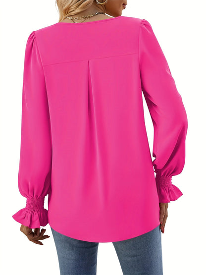 Blusa Con Escote En V Y Mangas Abullonadas Para Mujer | Ideal Para Uso Diario Y Ocasiones Semi-Formales