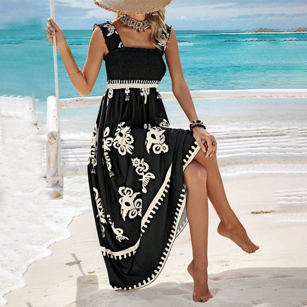 Vestido Midi Con Busto Fruncido Y Falda Evasé Para Mujer | Ideal Para Uso Diario Y Vacaciones