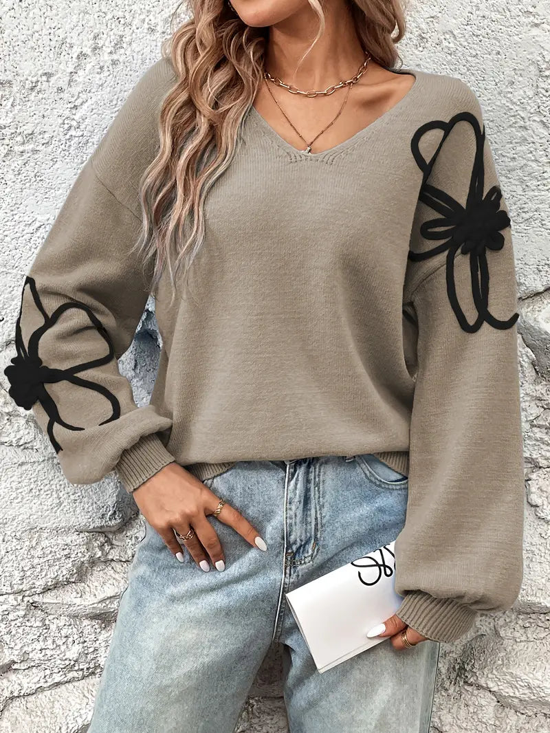 Jersey De Manga Larga Con Escote En V Y Bordados Florales Para Mujer | Ideal Para Uso Diario Y Superposición