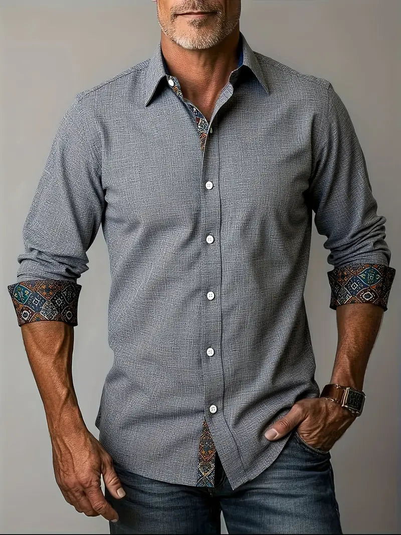 Camisa de Manga Larga con Cierre de Botones y Detalles Contrastantes para Hombre | Ideal para Uso Diario y Contextos Formales