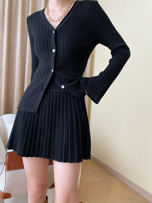 Conjunto De Dos Piezas Con Cardigan De Manga Larga Y Falda Plisada Para Mujer | Ideal Para Entretiempo Y Uso Diario