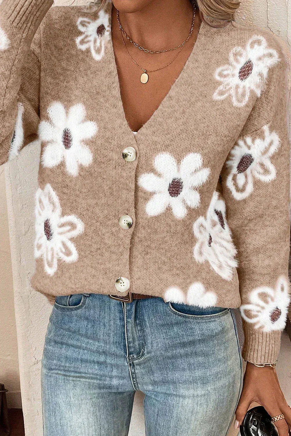 Cárdigan Con Motivo Floral Y Cuello En V Con Botones Para Mujer | Ideal Para Uso Diario