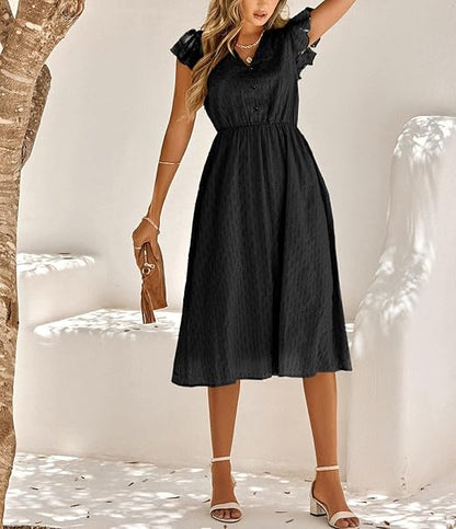 Vestido Midi Con Mangas De Volantes Y Cuello En V Para Mujer | Ideal Para Uso Diario