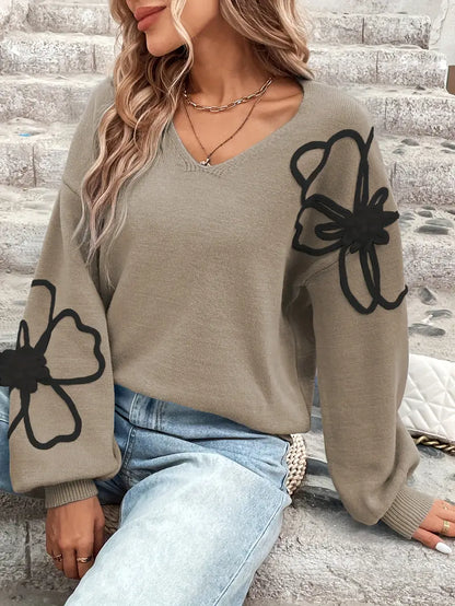 Jersey De Manga Larga Con Escote En V Y Bordados Florales Para Mujer | Ideal Para Uso Diario Y Superposición
