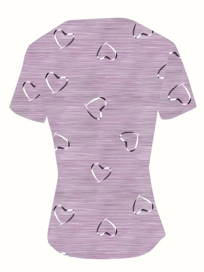 Top De Manga Larga Con Cuello En V Y Estampado De Corazones Para Mujer | Ideal Para Uso Diario