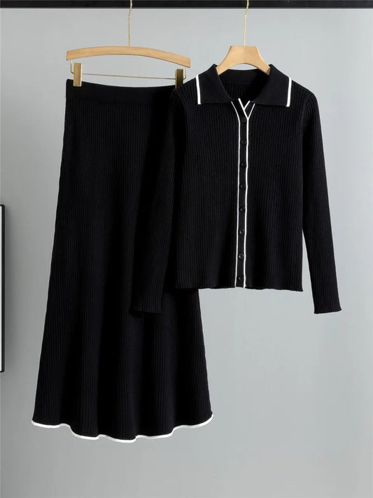Conjunto de Dos Piezas con Cardigan de Manga Larga y Falda con Cintura Elástica para Mujer | Ideal para Uso Diario