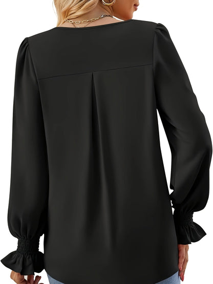 Blusa Con Escote En V Y Mangas Abullonadas Para Mujer | Ideal Para Uso Diario Y Ocasiones Semi-Formales