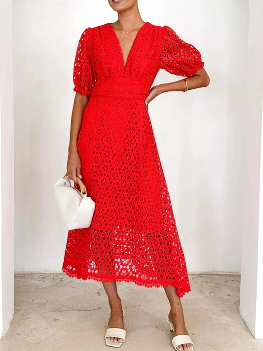 Vestido Midi Con Cuello En V Y Mangas Voluminosas Para Mujer | Ideal Para Eventos Formales